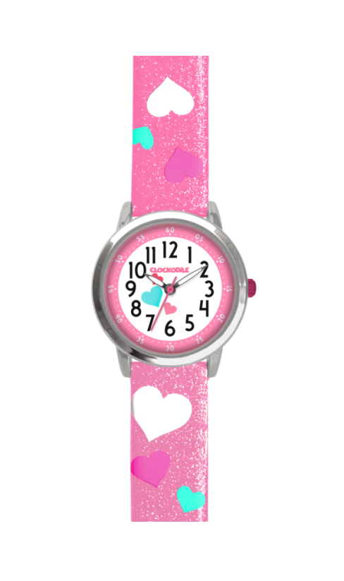 Růžové třpytivé dívčí hodinky se srdíčky CLOCKODILE HEARTS CWG5062