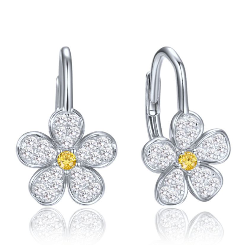 MINET Detské strieborné náušnice kytička so žltými a bielymi zirkónmi