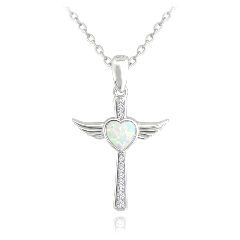 MINET Strieborný náhrdelník ANJELSKÝ KRÍŽOK s bielym opálovým srdiečkom