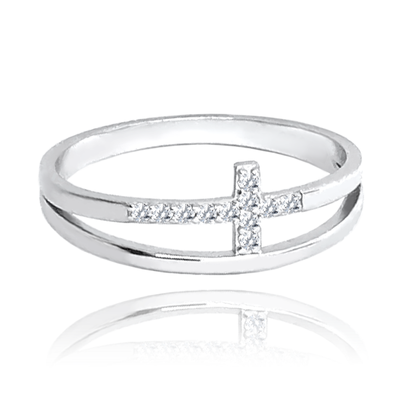 MINET Dvojitý stříbrný prsten KŘÍŽEK s bílými zirkony vel. 52