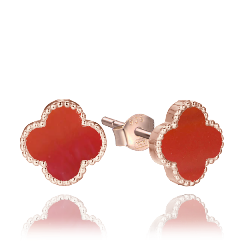MINET Rose gold strieborné náušnice štvorlístky s červeným achátom MINET Rose gold strieborné náušnice štvorlístky s červeným achátom
