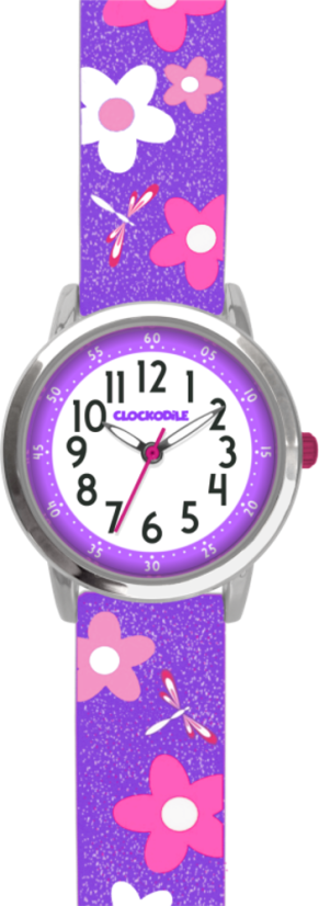 Kvetované fialové dievčenské detské hodinky CLOCKODILE FLOWERS s trblietkami