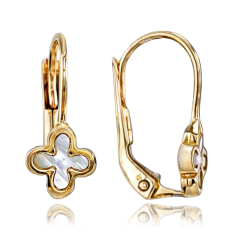 MINET Zlaté náušnice štvorlístky s bielou perleťou Au 585/1000 1,45g