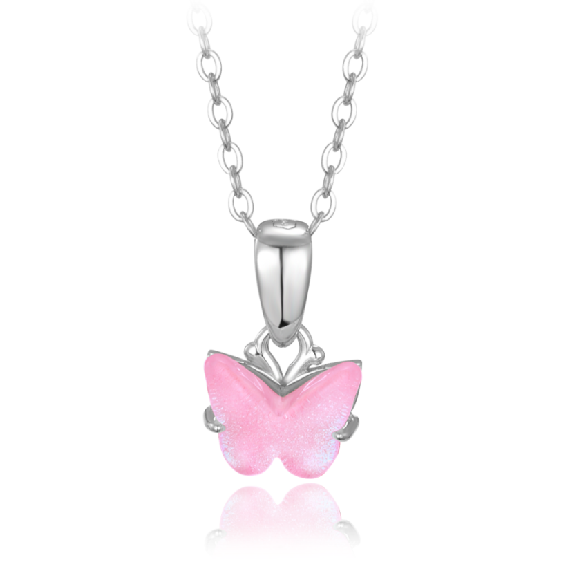 MINET Třpytivý stříbrný náhrdelník růžový motýlek