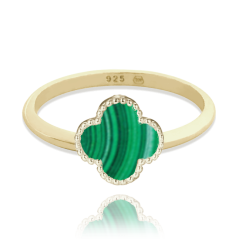 MINET Pozlacený stříbrný prsten čtyřlístek se zeleným malachitem vel. 56