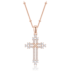 MINET Rose gold stříbrný náhrdelník křížek se zirkony a řetízek s kuličkami