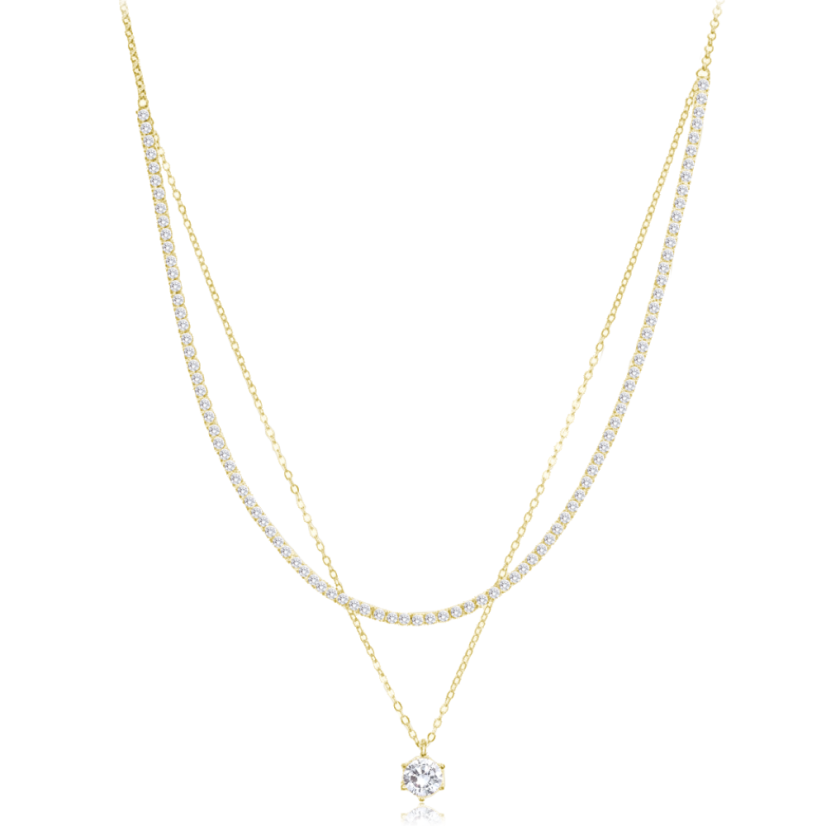 MINET Elegantný dvojitý pozlátený strieborný náhrdelník s bielym zirkónom