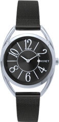 MINET Černo-stříbrné dámské hodinky s čísly ICON BLACK s černým ocelovým řemínkem