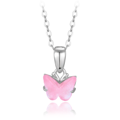 MINET Třpytivý stříbrný náhrdelník růžový motýlek