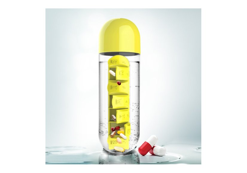 ASOBU multifunkční týdenní dávkovací láhev Pill Organizer žlutá 600ml