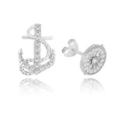MINET Letné strieborné náušnice KORMIDLO a KOTVA s bielymi zirkónmi