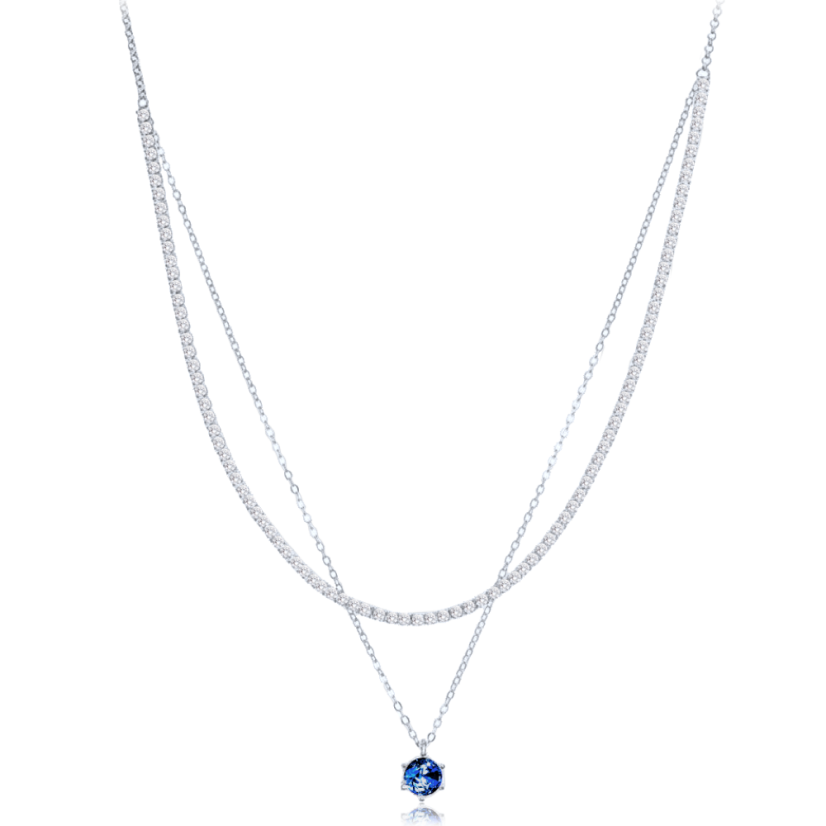 MINET Elegantný dvojitý strieborný náhrdelník s tmavomodrým a bielym zirkónom