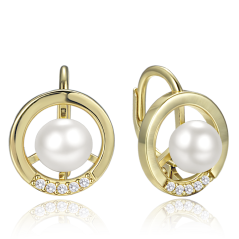 MINET Elegantné pozlátené strieborné náušnice krúžky s perlou a zirkónmi