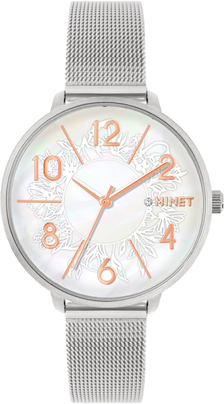 MINET Strieborné dámske hodinky PRAGUE Silver Flower Mesh s číslami