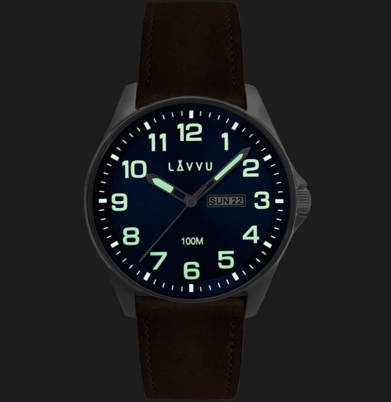 LAVVU Ocelové pánské hodinky BERGEN Blue / Top Grain Leather se svítícími čísly