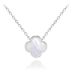 MINET Strieborný náhrdelník štvorlístok s bielou perleťou