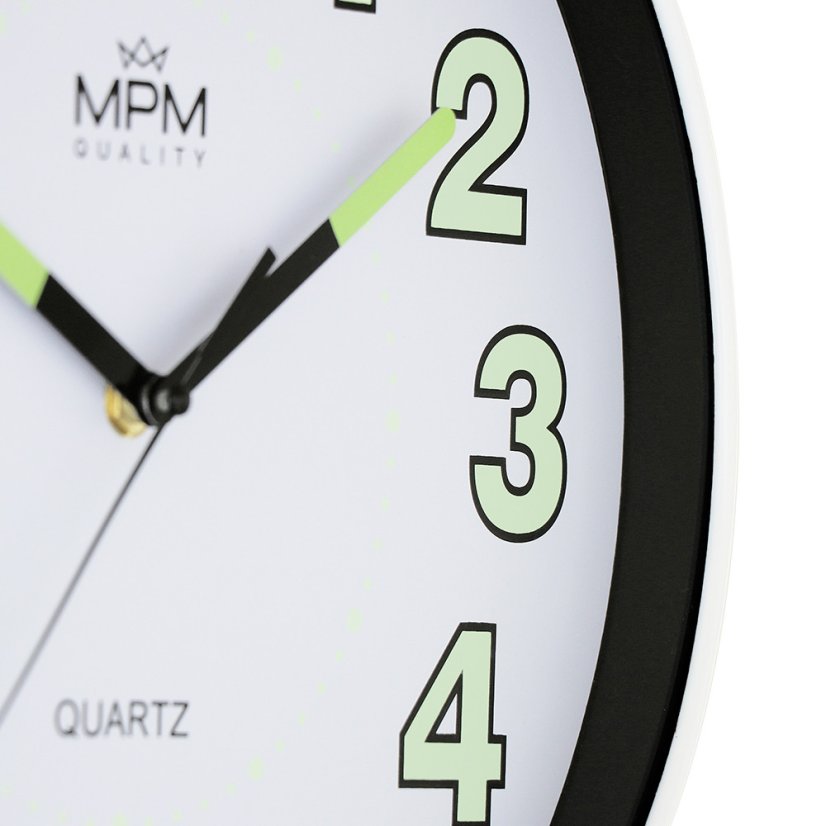 Hodiny s tichým chodom MPM E01.4185.00 fosforové ručičky a čísla
