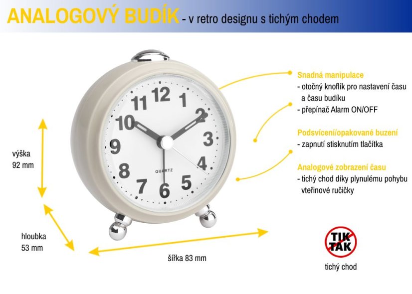 TFA 60.1030.09 - Elektronický analógový budík - béžový