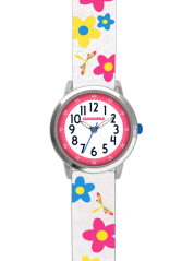 Kvetované biele dievčenské hodinky CLOCKODILE FLOWERS s trblietkami CWG5025