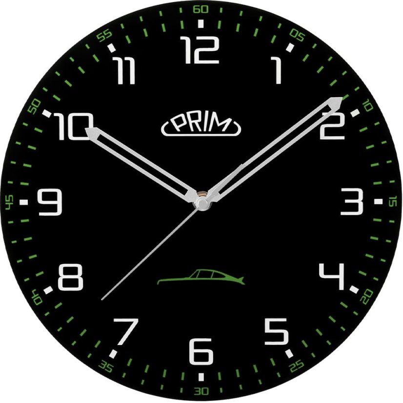 Sklenené nástenné hodiny s tichým chodom PRIM Speedline - čierno-zelené - E09.5530.9040