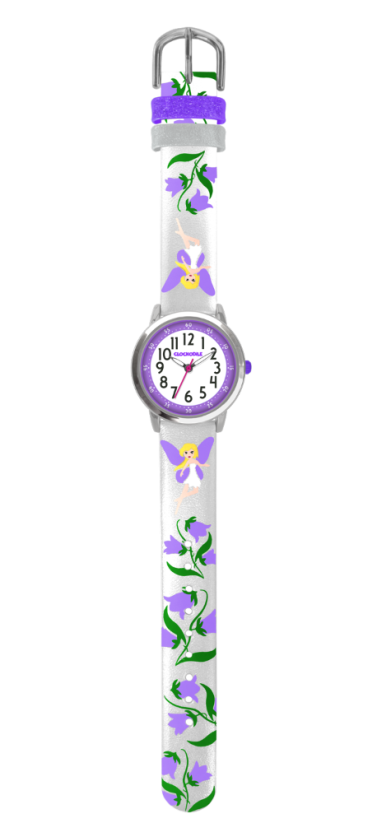 Strieborné trblietavé dievčenské hodinky s fialovými vílami CLOCKODILE FAIRIES CWG5082