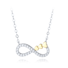 MINET Strieborný náhrdelník nekonečno s pozlátenými srdiečkami a bielymi zirkónmi
