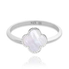 MINET Strieborný prsteň štvorlístok s bielou perleťou veľ. 52