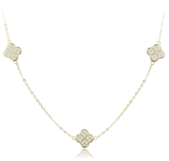MINET Pozlátený strieborný náhrdelník štvorlístky s bielymi zirkónmi