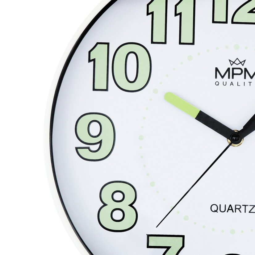 Hodiny s tichým chodom MPM E01.4185.00 fosforové ručičky a čísla