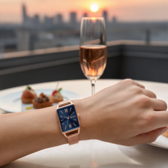 MINET Rosegold-modré dámské hodinky SIENA se rosegold ocelovým řemínkem