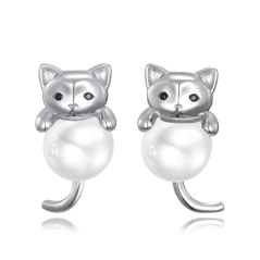 MINET Strieborné náušnice perly s mačkami