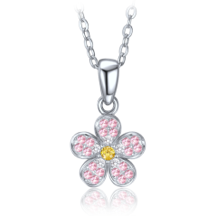 MINET Detský strieborný náhrdelník kytička s ružovým, bielym a žltým zirkónom