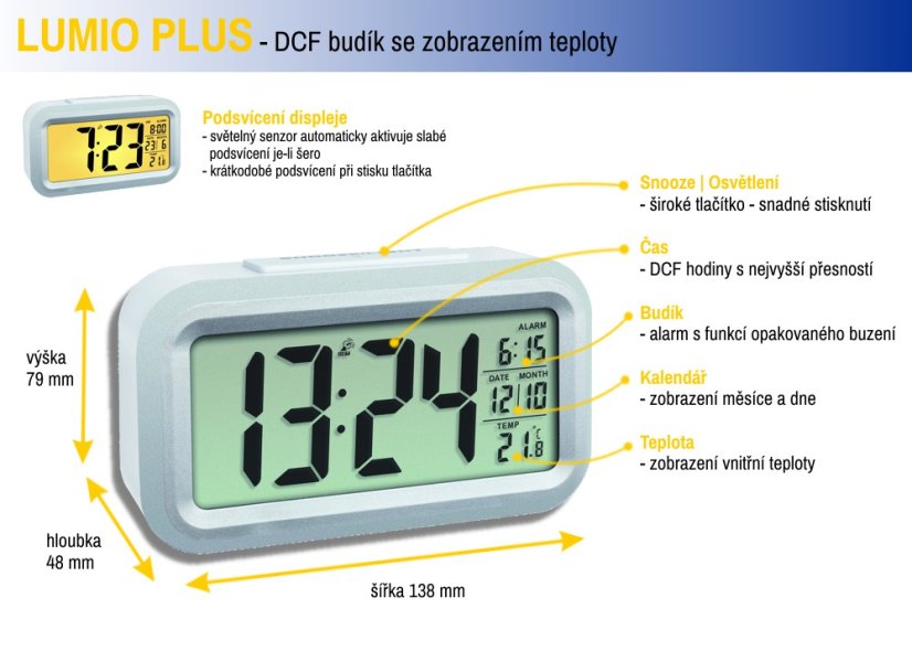 TFA 60.2553.02 - Rádiem řízený digitální budík s možností podsvícení  LUMIO PLUS - barva bílá
