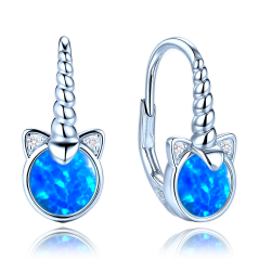 MINET Detské strieborné náušnice jednorožce s modrými opálmi a bielymi zirkónmi