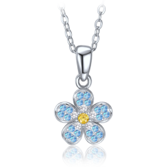 MINET Detský strieborný náhrdelník kytička s modrým, bielym a žltým zirkónom