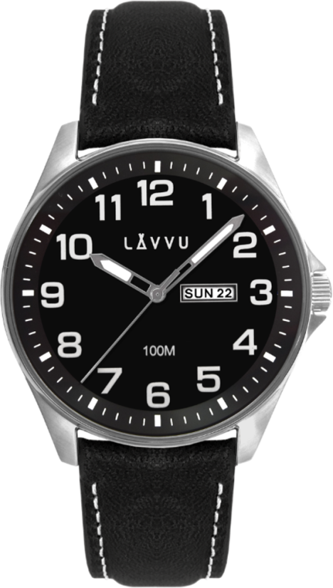 Ocelové pánské hodinky LAVVU BERGEN Black / Top Grain Leather se svítícími čísly  LWM0145