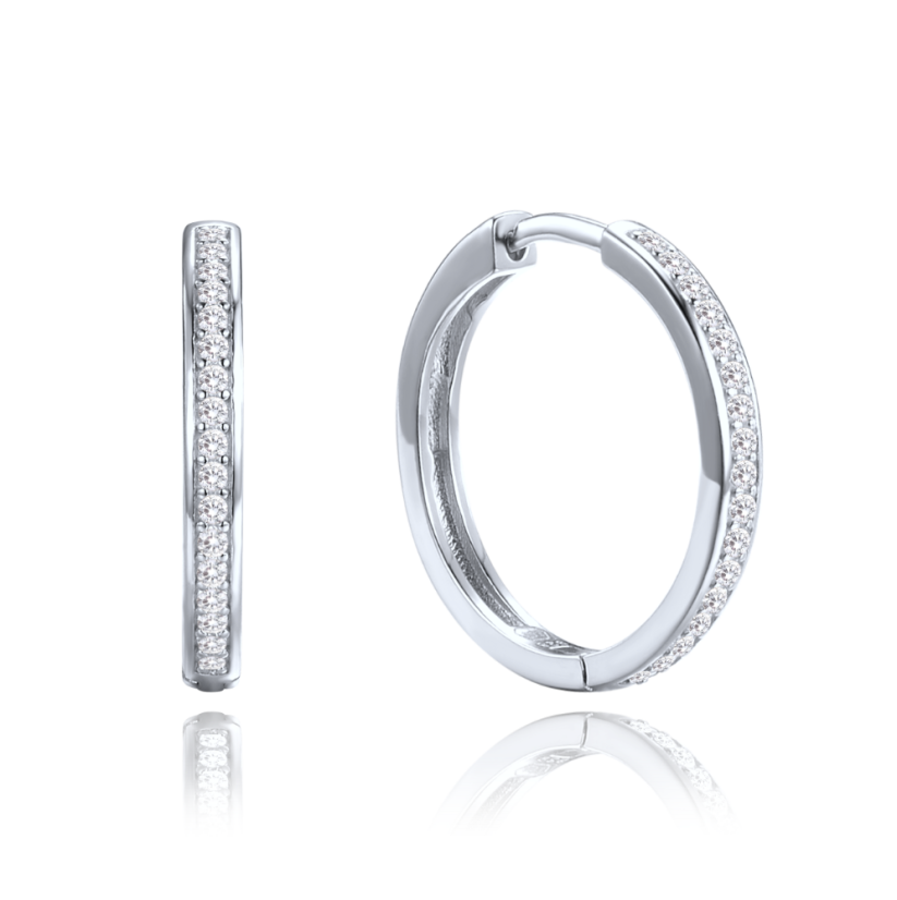 MINET Stříbrné náušnice hranaté kruhy 2 cm s bílými zirkony