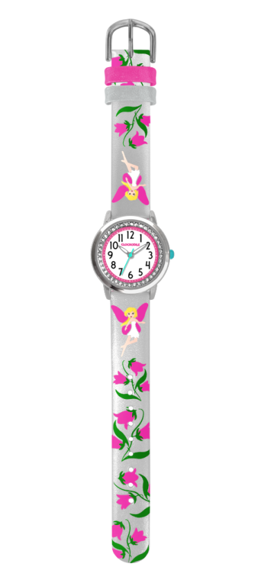 CLOCKODILE Stříbrné třpytivé dívčí dětské hodinky s růžovými vílami FAIRIES