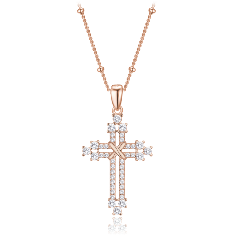 MINET Rose gold stříbrný náhrdelník křížek se zirkony a řetízek s kuličkami
