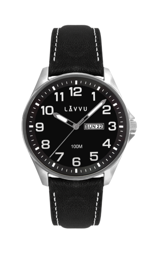 Ocelové pánské hodinky LAVVU BERGEN Black / Top Grain Leather se svítícími čísly  LWM0145