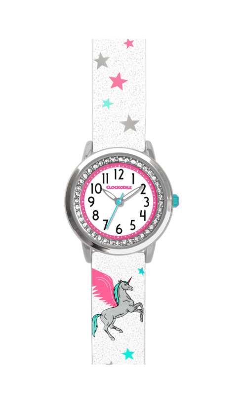 Biele trblietavé dievčenské hodinky s jednorožcom a kamienkami CLOCKODILE UNICORN CWG5101