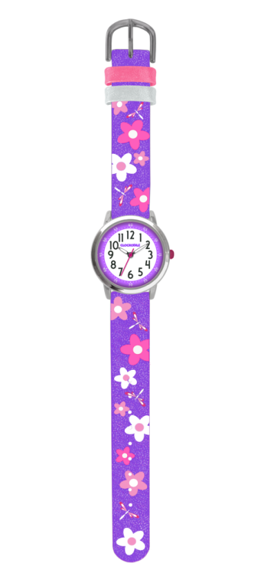 Kvetované fialové dievčenské detské hodinky CLOCKODILE FLOWERS s trblietkami