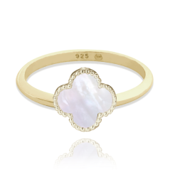 MINET Pozlacený stříbrný prsten čtyřlístek s bílou perletí vel. 56