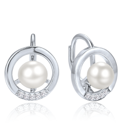 MINET Elegantné strieborné náušnice krúžky s perlou a zirkónmi