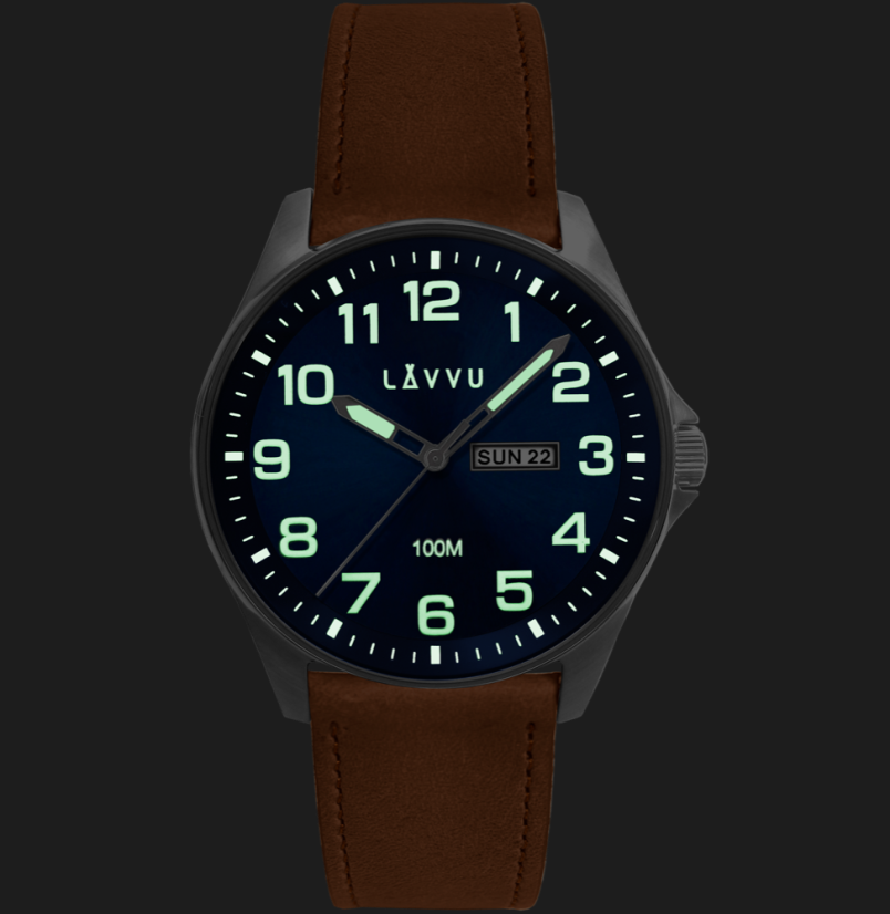 LAVVU Ocelové pánské hodinky BERGEN Blue / Top Grain Leather se svítícími čísly
