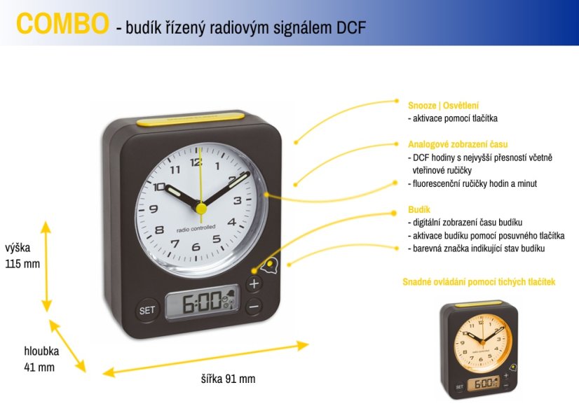 TFA 60.1511.02.04 Analógový budík s rádiovo riadeným časom COMBO