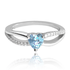 MINET Stříbrný prsten LOVE s modrým srdíčkovým zirkonem vel. 58