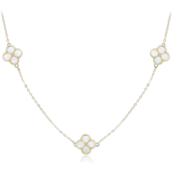 MINET Pozlátený strieborný náhrdelník štvorlístky s bielou perleťou
