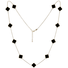 MINET Strieborný náhrdelník štvorlístky s bielou perleťou a onyxom Ag 925/1000 12,90g