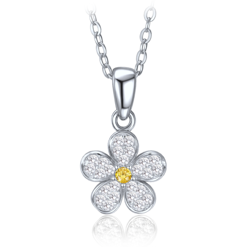 MINET Detský strieborný náhrdelník kytička so žltým a bielym zirkónom
